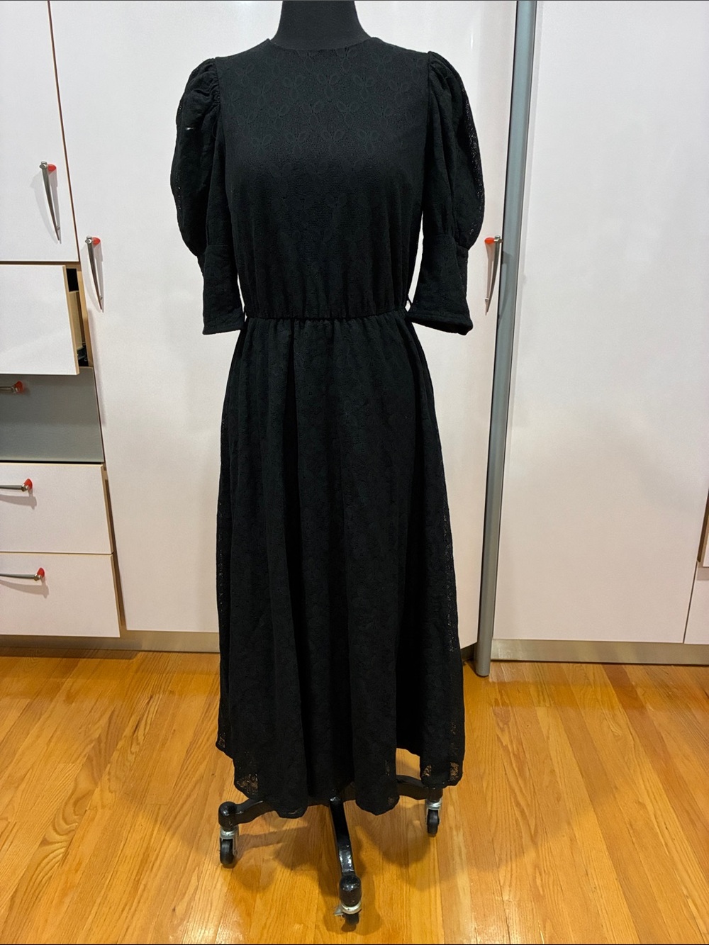 Timeless Black Lace Midi Dress with Puff Sleeves